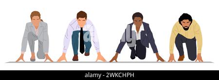 Persone d'affari eterogenee sulla linea di partenza isolate. Illustrazione Vettoriale