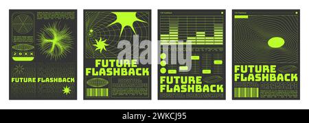 Set di volantini retrò futuristici. Illustrazione vettoriale realistica di poster estetici y2k con equalizzatore blu, paesaggio wireframe, stelle a colori, pianeta, icone di codici a barre, striscioni collage retrowave Illustrazione Vettoriale