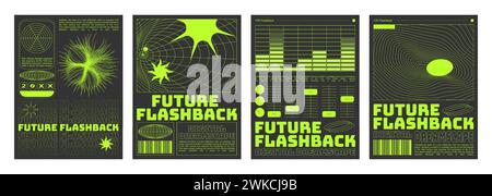 Set di volantini dall'atmosfera retrò e futuristica. Illustrazione vettoriale realistica dei poster estetici y2k con equalizzatore giallo, struttura a reticolo, stelle a colori, pianeta, icone di codici a barre, banner collage retrowave Illustrazione Vettoriale