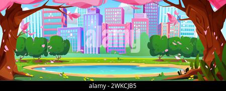 Parco pubblico cittadino con laghetto, alberi in fiore rosa e erba verde sulla riva circondato da alti edifici. Paesaggio urbano di sorgente vettoriale cartoni animati con laghetto d'acqua nel giardino del centro. Illustrazione Vettoriale