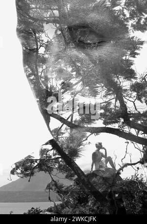 Un ritratto concettuale maschile a doppia esposizione combinato con una foto di una donna Foto Stock