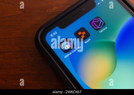 Icone GitHub Copilot, Replit e Tabnine visualizzate sullo schermo dell'iPhone. Tecnologia di intelligenza artificiale generativa, produttività e concetto di cloud computing ai Foto Stock
