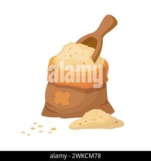 Farina di grano in sacchetto con paletta in legno. Sacco con farina di grano e cereali. Balla di farina in stile cartoni animati. Illustrazione vettoriale isolata su sfondo bianco. Illustrazione Vettoriale