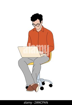 Uomo d'affari seduto con un notebook isolato. Illustrazione Vettoriale