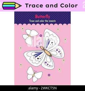 Foglio di lavoro attività linee di traccia penna per bambini. Controllo a matita per bambini che praticano abilità motorie. Foglio di lavoro stampabile didattico sulle farfalle Illustrazione Vettoriale