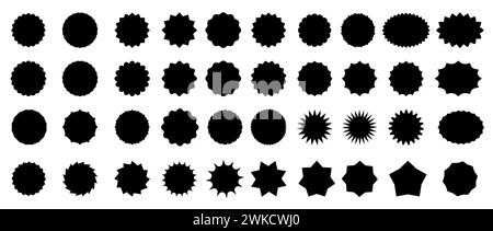 Prezzi di vendita Starburst, adesivi, etichette. Timbro ed etichetta, didascalia e spruzzi, stella e rosetta, stemmi ovali e solari. Simboli di esplosione del sole nero vettoriale isolato, boom comico e flash bang Illustrazione Vettoriale