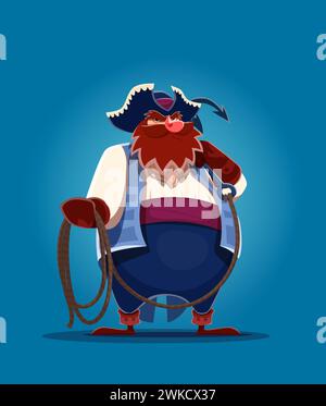 Cartoni animati pirata, marinaio corsaro con rampino e corda. Personaggio vettoriale della pirateria di divertente pirata barba rossa o buccaneer con una grande pancia in costume da rapinatore di mare e cappello tricorno Illustrazione Vettoriale