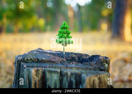 Primo piano di un ceppo d'albero con un lussureggiante albero giocattolo verde in cima. Concetto di protezione delle foreste e dell'ambiente naturale. Foto Stock