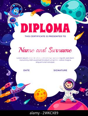 Diploma di ragazzi con astronauta ragazzo, alieno e pianeti spaziali. Diploma di scuola vettoriale o scuola materna, premio o certificato di apprezzamento con simpatico astronauta bambino cartoni animati, personaggio et e motore stellare Illustrazione Vettoriale