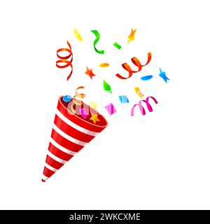 Cono popper per per feste o cracker pop di compleanno e firecracker natalizio con esplosione di coriandoli, vettore di cartoni animati. Festeggiamenti per il Carnevale o il festival, cono di popper a righe rosse con nastri e coriandoli di stelle Illustrazione Vettoriale