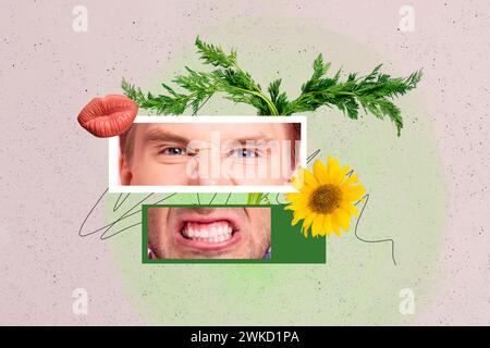 Collage poster illustrativo creativo arrabbiato turbato aggressivo giovane cornice labbra di fiori freschi foglia di bacio sfondo colorato insolito Foto Stock
