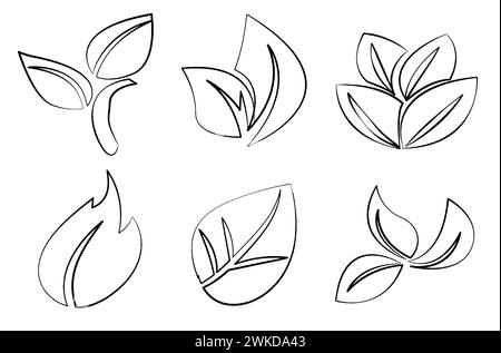 Illustrazione vettoriale con una collezione di sei diversi disegni di foglie in bianco e nero, ideale per la grafica a tema primaverile Illustrazione Vettoriale