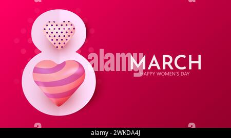 Banner Internazionale della Giornata della Donna. Volantino di marzo 8 con decorazioni. Numero 8. Invito con il cuore. Illustrazione vettoriale Illustrazione Vettoriale