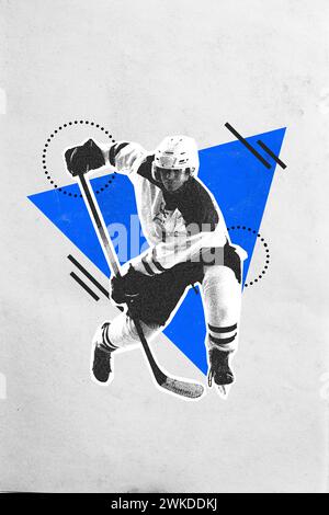 Poster. Collage d'arte contemporanea. Giocatore di hockey, allenamento sullo sfondo con figure geometriche. Effetto tessuto granuloso. Foto Stock