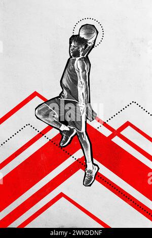 Poster. Arte estetica moderna. Potente sbatte. Il giocatore di basket Yong porta in movimento. Effetto tessuto granuloso. Foto Stock