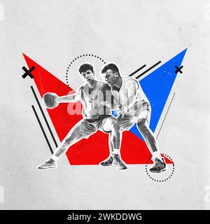 Poster. Arte estetica moderna. Due sportivi, plyer, avversari che giocano a basket in movimento. Effetto tessuto granuloso. Foto Stock