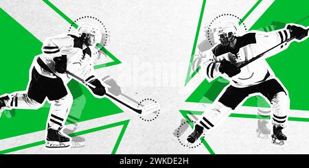 Poster. Collage d'arte contemporanea. Atleta esperto, giocatore di hockey che esegue goal sullo sfondo con forme geometriche. Effetto tessuto granuloso. Foto Stock