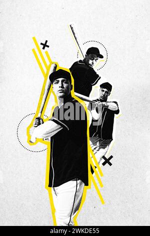 Poster. Arte estetica moderna. Giovane, concentrato sull'allenamento dei giocatori di baseball in azione. Effetto tessuto granuloso. Foto Stock