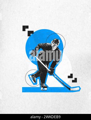 Poster. Collage d'arte contemporanea. difensore di un giocatore di hockey concentrato con un allenamento chiave in azione. Effetto tessuto granuloso. Foto Stock