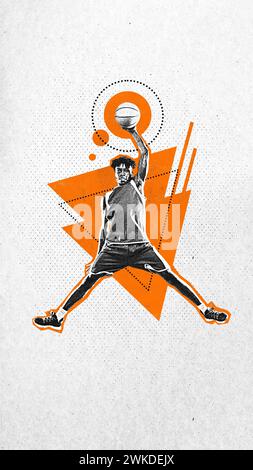 Poster. Collage d'arte contemporanea. Atleta, uomo afro-americano, giocatore di basket che salta con la palla in azione. Effetto tessuto granuloso. Foto Stock