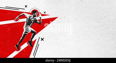 Poster. Arte estetica moderna. Atletico afroamericano che corre veloce per finire. Effetto tessuto granuloso. Copia spazio. Foto Stock