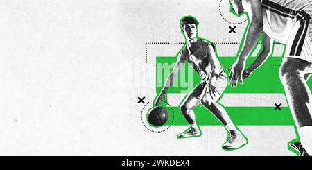 Poster. Movimento dinamico. Due atleti che giocano a basket in azione sullo sfondo con forme geometriche. Arte estetica moderna. Granuloso Foto Stock