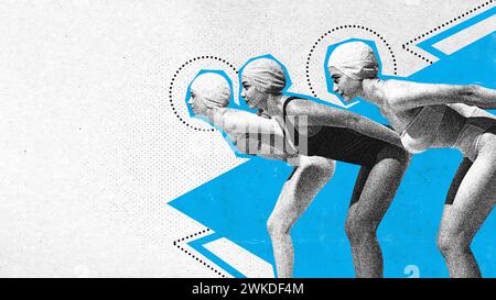 Poster. Collage d'arte contemporanea. Tre nuotatori competitivi e motivati sono in posizione di partenza. Effetto tessuto granuloso. Foto Stock