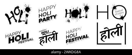 Happy Holi festival of Colors. Raccolta di logotipi di inchiostro pennello. Frasi di celebrazione indiane isolate su sfondo bianco. India tradizionale segno eps vettore vacanze. Traduzione di testo indù Holi Illustrazione Vettoriale