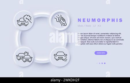 Icona della linea di incidente stradale. Incidente stradale, collisione, veicoli danneggiati, albero, collisione, scoppio pneumatici, rampa, pendenza. Stile neomorfismo. Icona della linea vettoriale per B. Illustrazione Vettoriale
