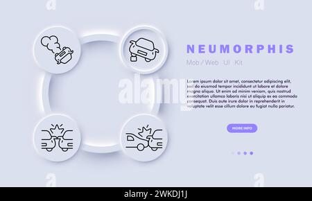 Icona della linea di incidente stradale. Pileup multi-veicolo, autostrada, albero, collisione, scoppio di pneumatici, rampa, pendenza. Stile neomorfismo. Icona della linea vettoriale per l'azienda e. Illustrazione Vettoriale