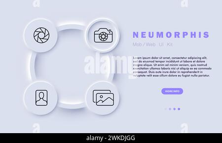 Icona della linea della galleria fotografica. app, galleria, visualizzazione, organizzazione, modifica, foto, dispositivo mobile. Stile neomorfismo. Icona della linea vettoriale per aziende e annunci Illustrazione Vettoriale