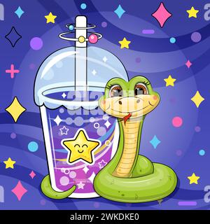Un carino serpente verde dei cartoni animati sta tenendo un grande drink. Immagine vettoriale notturna di un animale su sfondo blu scuro con stelle. Illustrazione Vettoriale