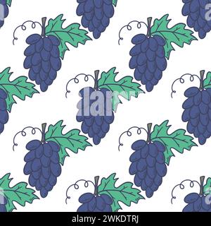 Rami di uve blu mature grafica vettoriale di sfondo. Motivo senza cuciture con vite. Stampa Berry per tessuti, imballaggi e design Illustrazione Vettoriale