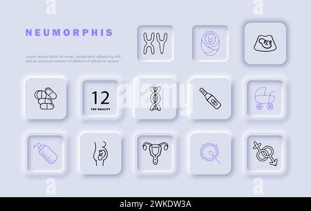 Set di icone della linea secondaria. Amore materno, nutrizione, legame, affetto, succhietto, pillole, utero, passeggino. Stile neomorfismo. Icona della linea vettoriale per l'azienda A. Illustrazione Vettoriale