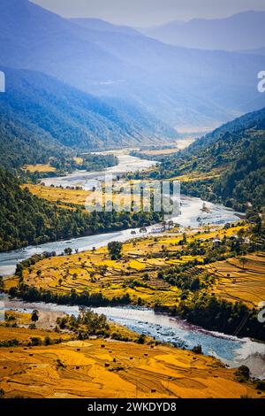 Il fiume Mo Chhu si snoda attraverso la valle Punakha del Bhutan fornendo ai campi di riso circostanti la giusta umidità. Foto Stock