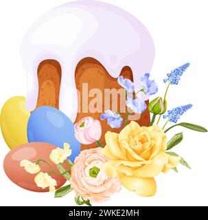 Composizione primaverile con tradizionale torta pasquale e uova, rosa, ranuncolo, Giacinto e fiori di pisello dolci. Illustrazione Vettoriale