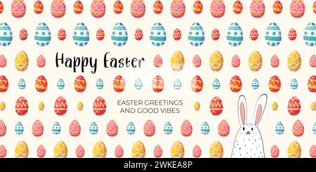 Banner orizzontale per le buone feste di Pasqua con simpatici coniglietti e uova colorate. Biglietto d'auguri per la celebrazione religiosa cristiana di primavera tradizionale. Poster delle feste con disegno eps vettoriale Illustrazione Vettoriale
