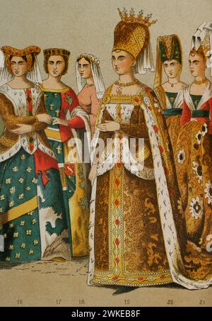 Storia della Francia. 1300. Da sinistra a destra, 16: signora, 17: principessa, 18: signora, 19-20-21: Isabella di Baviera (moglie di re Carlo vi) e signore del suo seguito. Cromolitografia. Dettagli. Historia Universal, di César Cantú. Volume vi, 1885. Foto Stock