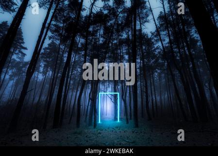 Foresta mistica. Brillante portale al neon. Bagliore al neon. Foresta autunnale cupa. Misty Morning nella foresta. Fairy Mysterious Forest. Foto Stock