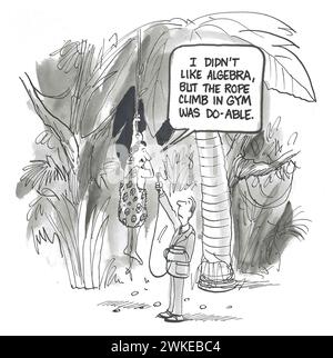 Il cartone animato BW di un giornalista nella giungla che intervista un uomo in pietra. L'uomo sta oscillando su una corda - gli piaceva arrampicarsi sulla corda, ma non l'algebra in ciao Foto Stock