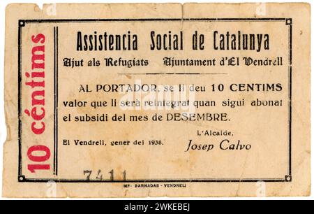 Catalunya. Guerra Civil Española (1936-1939). Bono expedido por el Ayuntamiento de Vendrell por valor de diez céntimos. Año 1938. Foto Stock