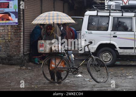 Srinagar, India. 18 febbraio 2024. A Srinagar, Kashmir, India, il 18 febbraio 2024: Un fornitore resiliente pedala sotto la pioggia a Srinagar, Kashmir, vendendo cucine dalla sua bicicletta. Mentre la regione accoglie una pioggia fresca e i tratti superiori abbracciano le nevicate, il direttore della meteorologia prevede una forte neve dal 18 al 20 febbraio. (Foto di Danish Showkat/Sipa USA) credito: SIPA USA/Alamy Live News Foto Stock