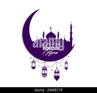 Luna crescente Ramadan Kareem con silhouette di moschea musulmana e lampade a lanterna araba, striscione vettoriale. Saluti religiosi islamici per il Ramadan Kareem in lettere arabe con moschea a mezzaluna Illustrazione Vettoriale