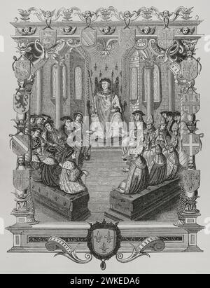 Carlo III, duca di Borbone (1490-1527). Nobiluomo francese e leader militare. Processo al Conestabile di Borbone davanti alla corte dei pari di Francia, 1523. Incisione ottocentesca dopo "la Monarchie francese", di Bernard de Montfaucon (1655-1741). Pubblicato a Parigi, 1729. "Moeurs, usages et costumes au moyen-âge et à l'époque de la Renaissance", di Paul Lacroix. Parigi, 1878. Foto Stock