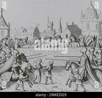 Giostra in onore dell'ingresso a Parigi, il 20 giugno 1389, di Isabella di Baviera (1370-1425), regina consorte di Francia per matrimonio con il re Carlo vi di Francia. Incisione del XIX secolo su una miniatura delle "Cronache di Froissart", XV secolo. Les Arts au Moyen Age et a l'Epoque de la Renaissance, di Paul Lacroix. Parigi, 1877. Foto Stock