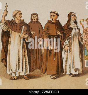 Storia dell'Italia. 1200. Da sinistra a destra, 1: Monaco domenicano, 2: Frate agostiniano, 3: Frate francescano, 4: Suora domenicana. Cromolitografia. Historia Universal, di César Cantú. Volume vi, 1885. Foto Stock