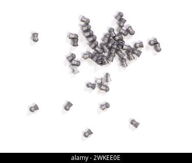 Contenitore metallico con proiettili di piombo per un fucile ad aria isolato su sfondo bianco Foto Stock