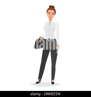 Donna d'affari che tiene in mano la valigetta e si trova in piedi durante una riunione d'affari illustrazione vettoriale Illustrazione Vettoriale