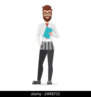 Un uomo d'affari divertente e felice che tiene in mano appunti con illustrazioni vettoriali di documenti aziendali Illustrazione Vettoriale