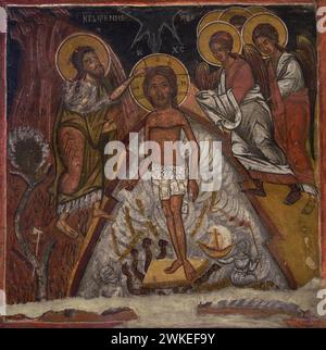 Il Battesimo di Cristo. Pittura murale. Dalla Chiesa di San Petka. Krapets, regione di Pernik, Bulgaria. xvii secolo. Museo Archeologico Nazionale. Sofia. Bulgaria. Foto Stock